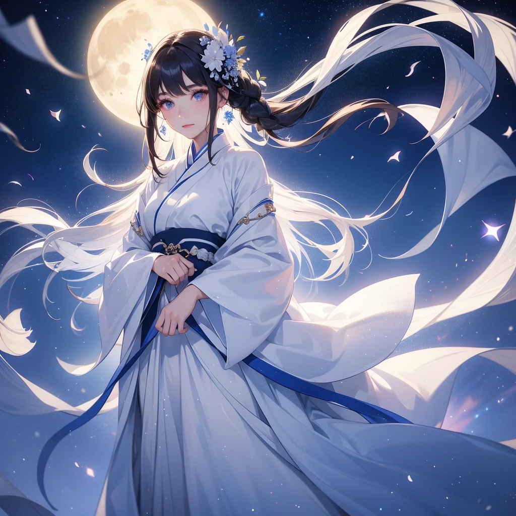 A beautiful female in white hanfu dress , Standing in the middle of dark night, with moonlight and millions of stars, twinkling everywhere, with blue light, close up.