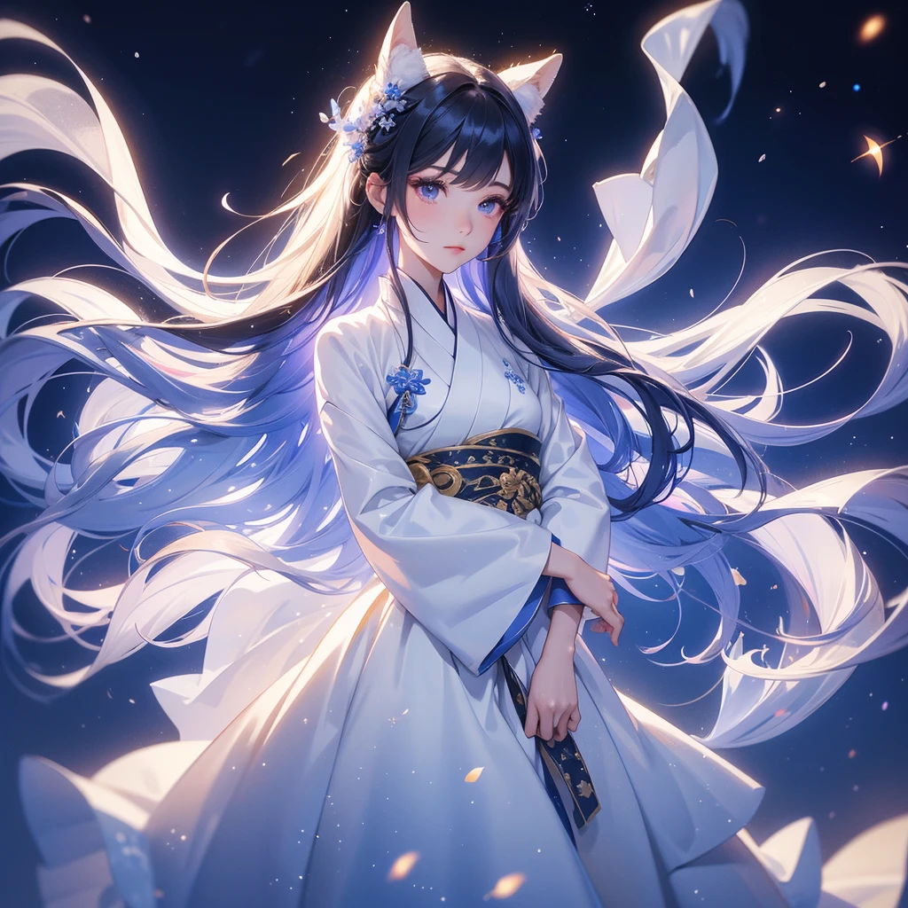 A beautiful female in white hanfu dress , Standing in the middle of dark night, with moonlight and millions of stars, twinkling everywhere, with blue light, close up.