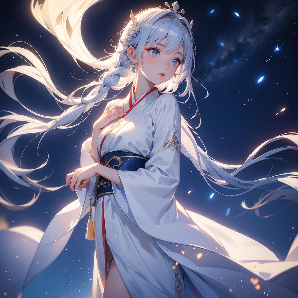 A beautiful female in white hanfu dress , Standing in the middle of dark night, with moonlight and millions of stars, twinkling everywhere, with blue light, close up.