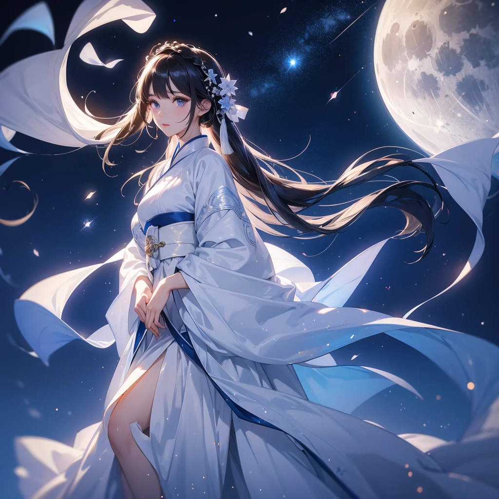 A beautiful female in white hanfu dress , Standing in the middle of dark night, with moonlight and millions of stars, twinkling everywhere, with blue light, close up.