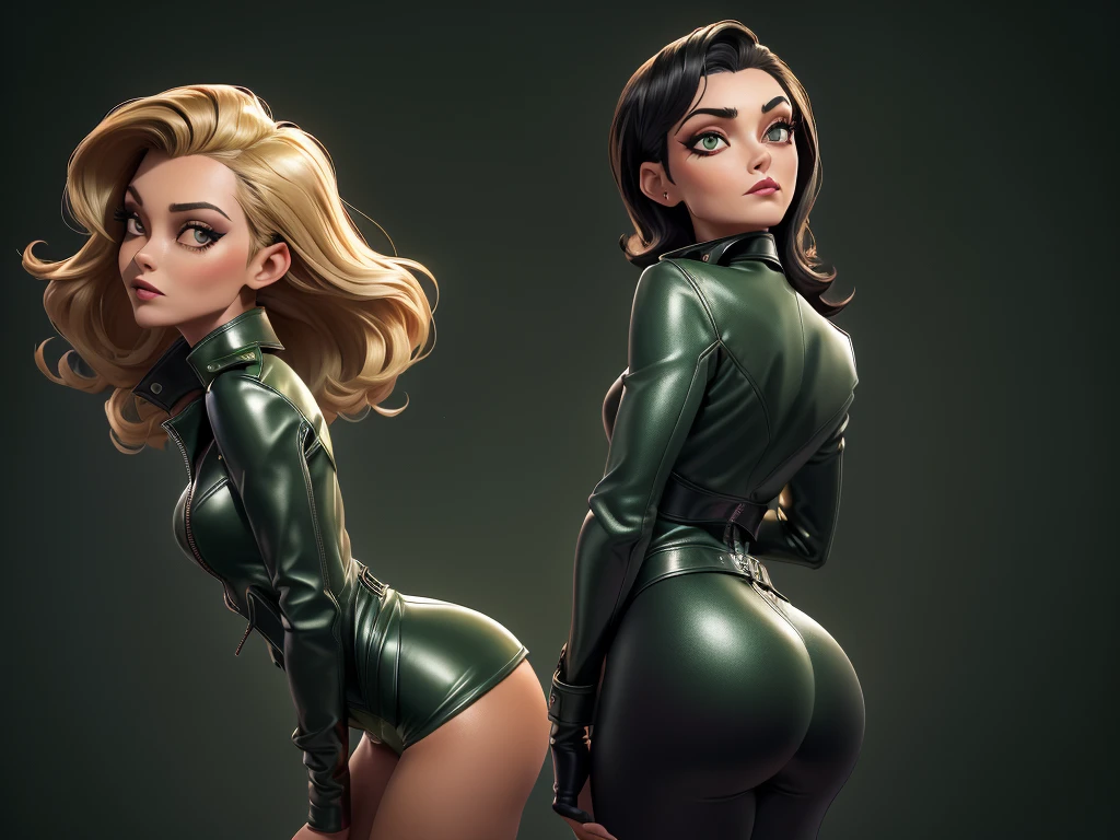 obra prima, melhor qualidade, ((only two women,)) ((carolyn jones as a vamp, dark tan skin, straight black vamp hair, heavy vamp makeup eye shadow,)) (((wearing thigh length forest green metallic leather jacket,))) (((jacket is zipped up, jacket covers waist and ass,))) ((jacket has stiff high collar,)) ((gold pvc gloves,)) body is very skinny, standing up, (((arched back, shoulders leaning way back, hips twisting, head tilted way back, chin up,))) ((camera side view, extreme closeup view of upper body,)) shallow depth of field, highres, HD, 8k, anatomically correct