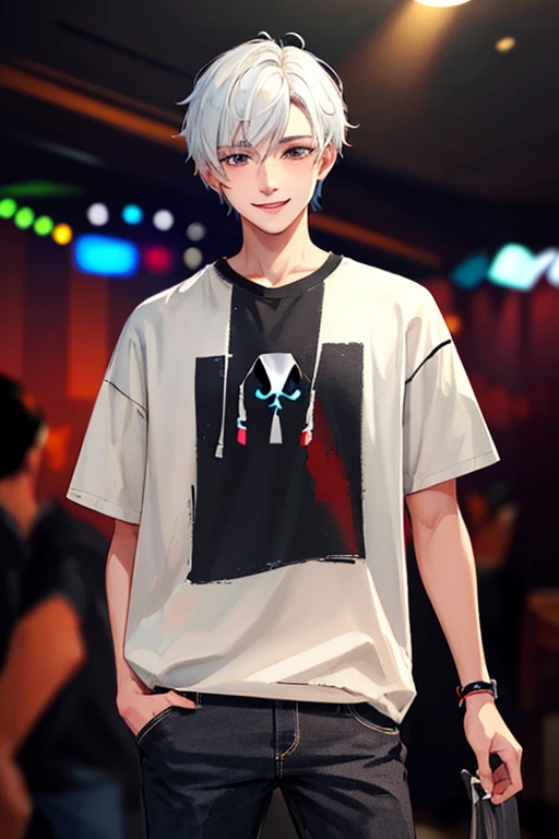 ((masterpiece)), (((best quality))), chromatic lighting,
colorized, white + black limited color palette, 
detailed concept drawing,
in a club, street fashion, no weird object on his face,
portrait, 20yo 1guy, slender, short white hair, black eyes, posing, smiling