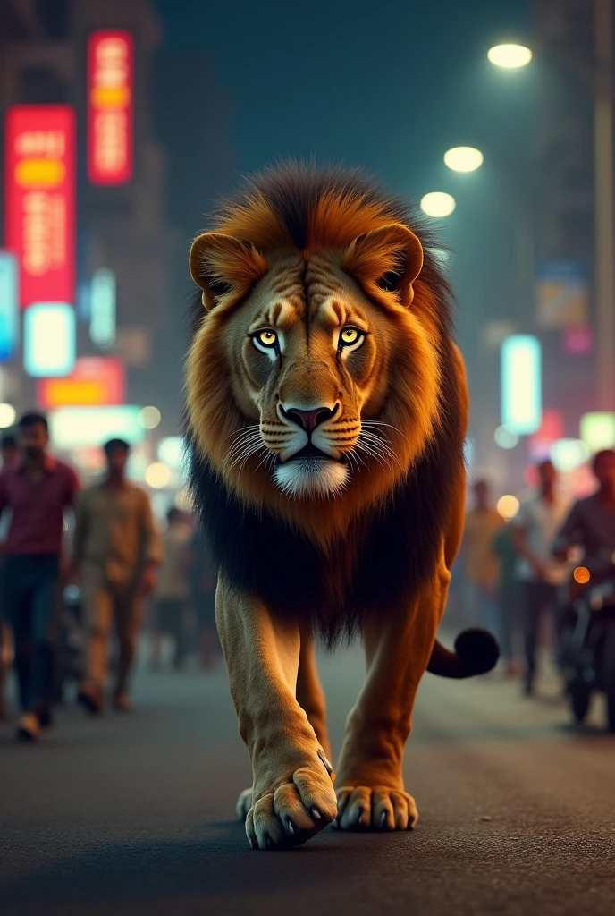 Indian bengal lion in mumbai city at night and people walking around