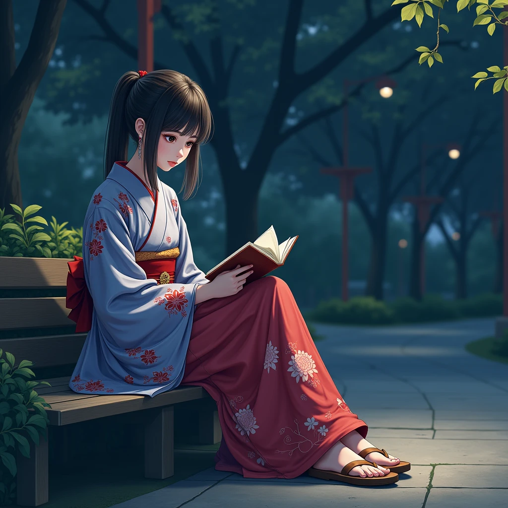 (((Mujer joven japonesa hiperrealist))) (realist: 1.5), (((woman standing alone))), Delicate and beautiful face, beautiful black eyes, His face expresses peace, calm, funny, beautiful red blue and white kimono, wooden sandals, sitting, reading a book in the park, full body girl in the park, night image, imagen hiperrealist, vivid colors, photographic quality