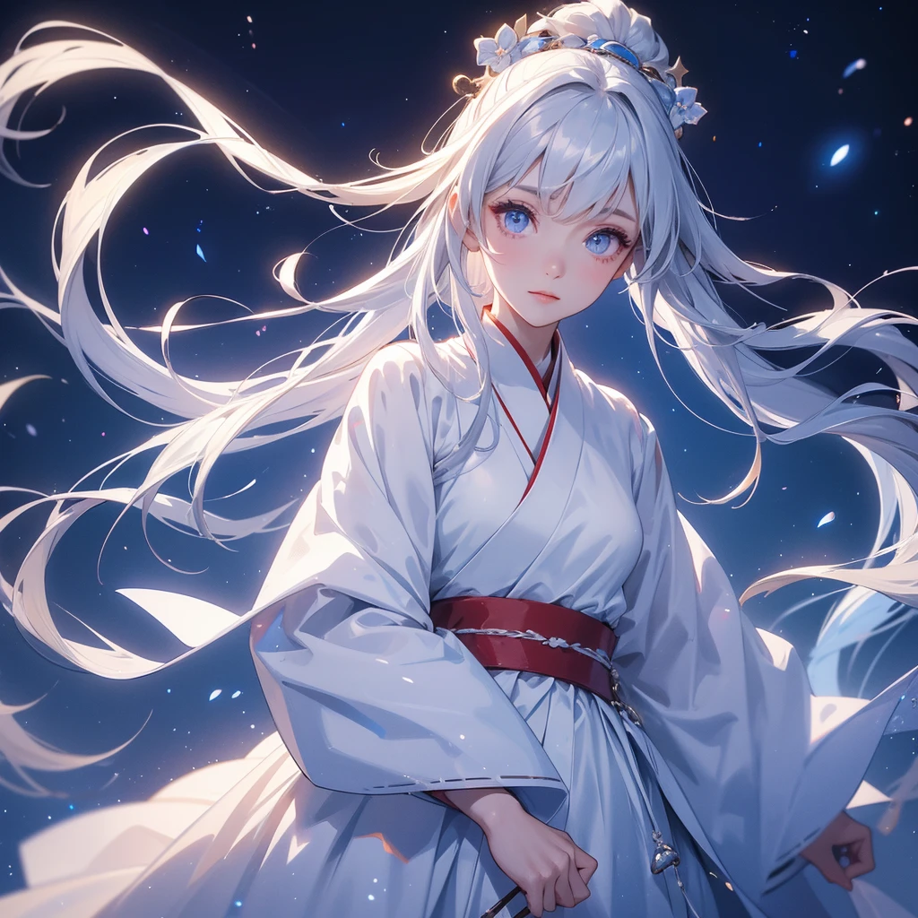 A beautiful female in white hanfu dress , Standing in the middle of dark night, with moonlight and millions of stars, twinkling everywhere, with blue light, close up.