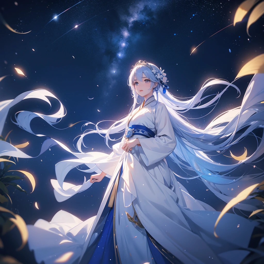 A beautiful female in white hanfu dress , Standing in the middle of dark night, with moonlight and millions of stars, twinkling everywhere, with blue light, close up.