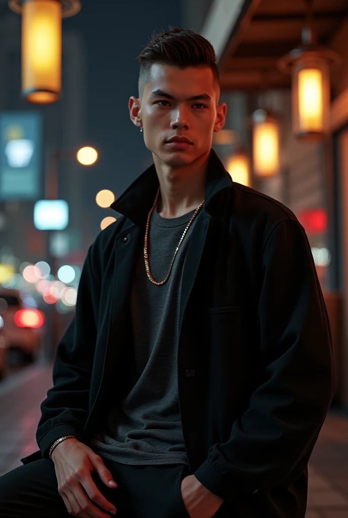 Model man Indonesia cool and undercut hair in Jakarta lamp aesthetic