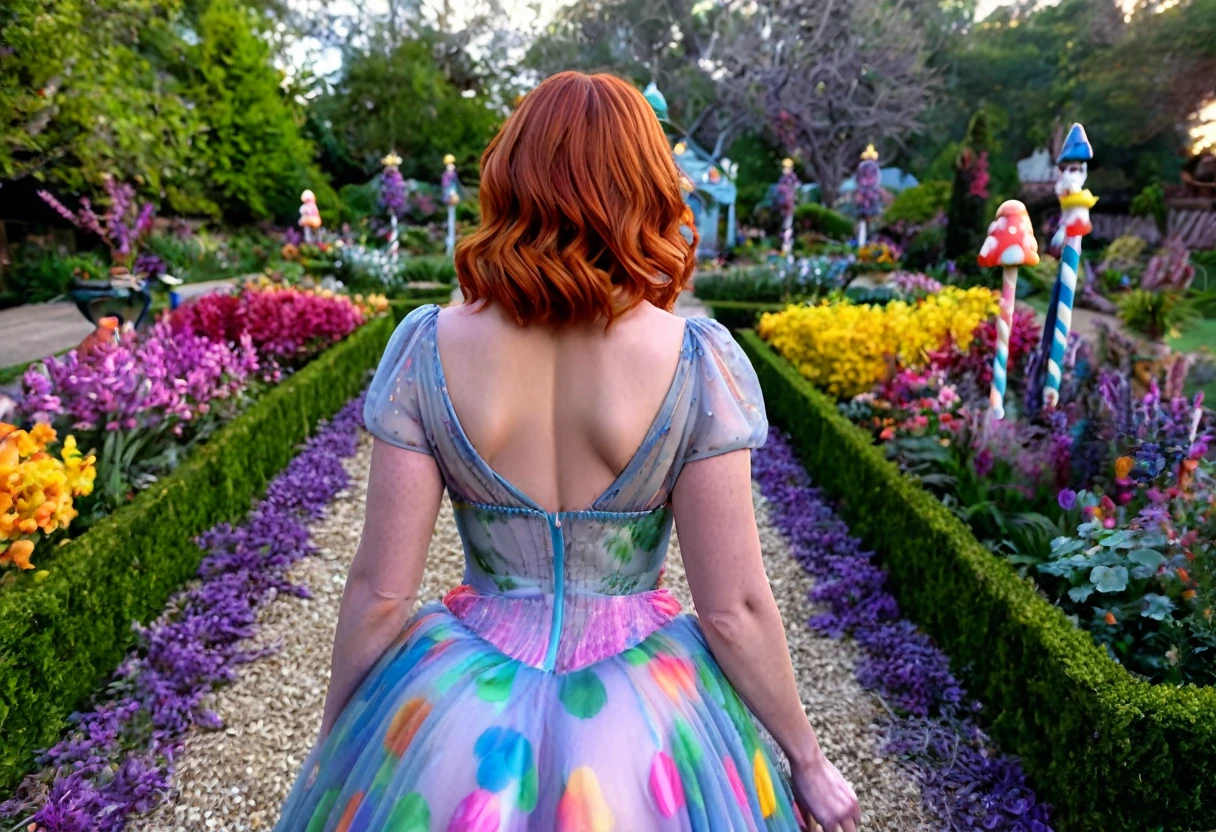 a detailed photo of Christina Rene Hendricks in a sheer colorful gown without underwear, strolling through a candy land garden in full bloom on a moonlit night, sultry poses, mainly viewed from behind, best quality,4k,8k,highres,masterpiece:1.2,ultra-detailed,realistic,photo-realistic:1.37,HDR,UHD,studio lighting,ultra-fine painting,sharp focus,physically-based rendering,extreme detail description,professional,vivid colors,bokeh,portrait
