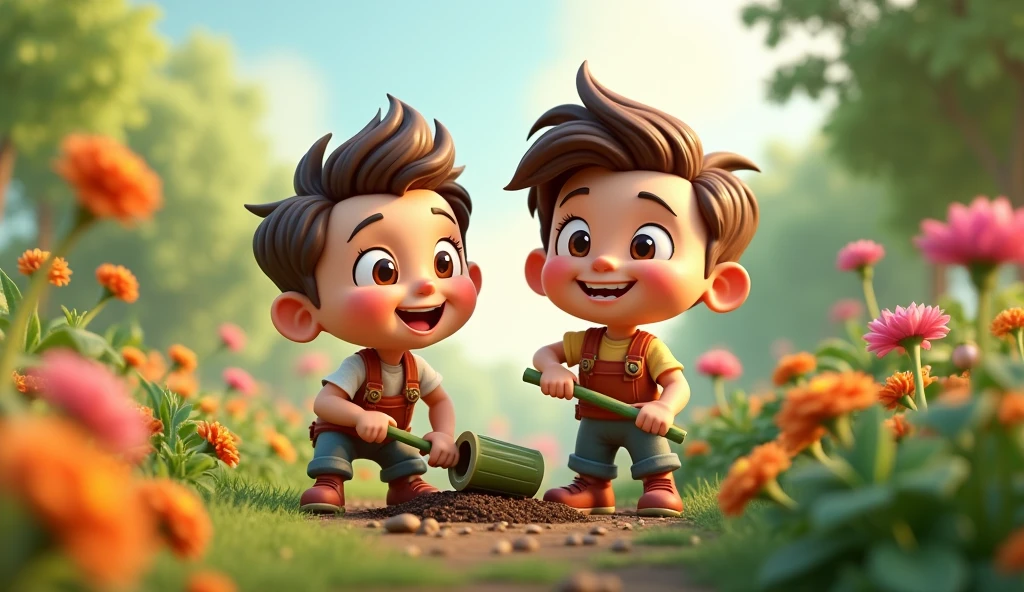 Conclude with an image of both brothers working together in a flourishing garden, showing their cooperation and the success of their efforts both are very happy."**Cartoon 3d image