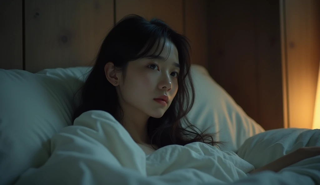 a beautiful sad asian woman woke up in a cozy dark bedroom 