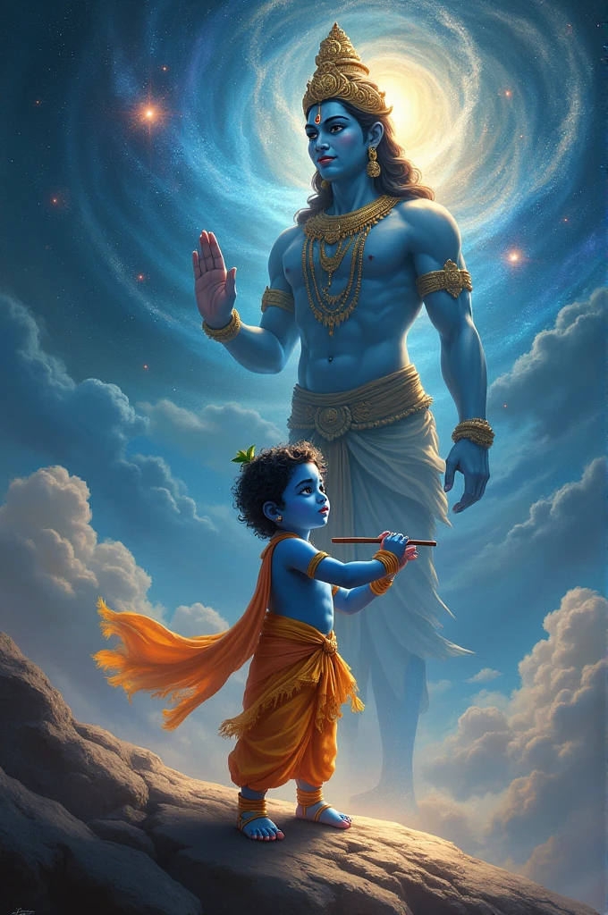 The image would depict a young Krishna in the foreground, likely portrayed as a small child with blue skin, wearing traditional Indian clothing and perhaps holding a flute. Behind Krishna, the background would show a vast cosmic scene depicting the universe, including various planets, stars, and galaxies.
In the background, behind the cosmic scene, there would be a larger figure of Lord Vishnu, who is often depicted with blue skin, four arms, and wearing golden ornaments and a crown. Vishnu might be shown in a protective or blessing posture over the scene.