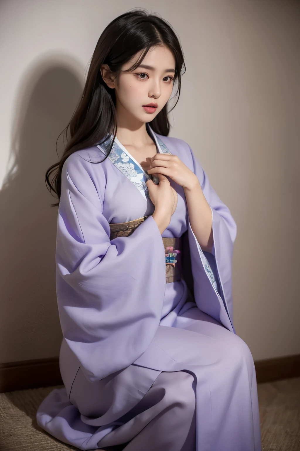 

"A full-body, realistic image of a young Korean girl with short, dark blue wavy hair that reaches her chin. She has D-cup breasts and light purple, ruby-like eyes. A small mole is visible under her left eye on her delicate, almost porcelain-like face. She wears traditional Korean clothing, capturing the elegance of hanbok, with intricate patterns and soft fabrics. Her expression is one of intense anger and jealousy, adding depth and emotion to her delicate features. The lighting should highlight the contrast between her dark hair and light skin, emphasizing the richness of the clothing's colors and the subtleties of her facial expression."
