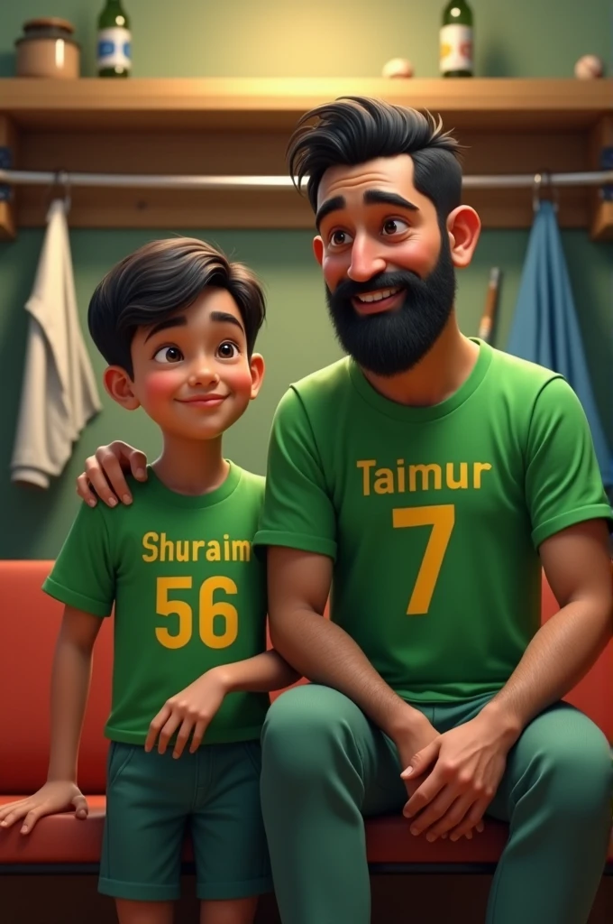 5year old nephew in green t-shirts with 21year old uncle  with beard in a cricket dressing room the nephew name on t-shirts is SHURAIM back side and t-shirts number is 56 and the uncle name on t-shirts is TAIMUR and t-shirts number is 7 back side