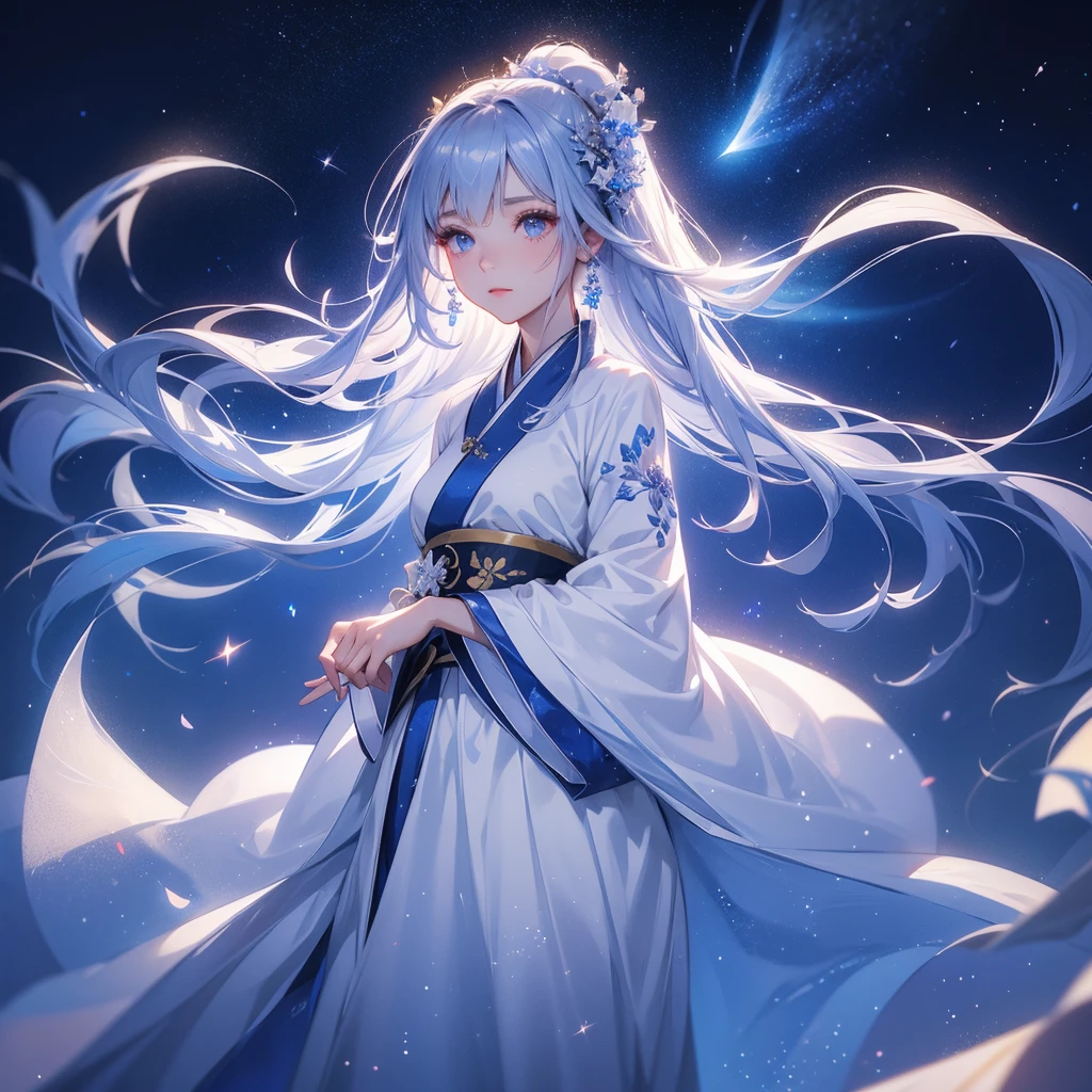 A beautiful female in white hanfu dress , Standing in the middle of dark night, with moonlight and millions of stars, twinkling everywhere, with blue light, close up.