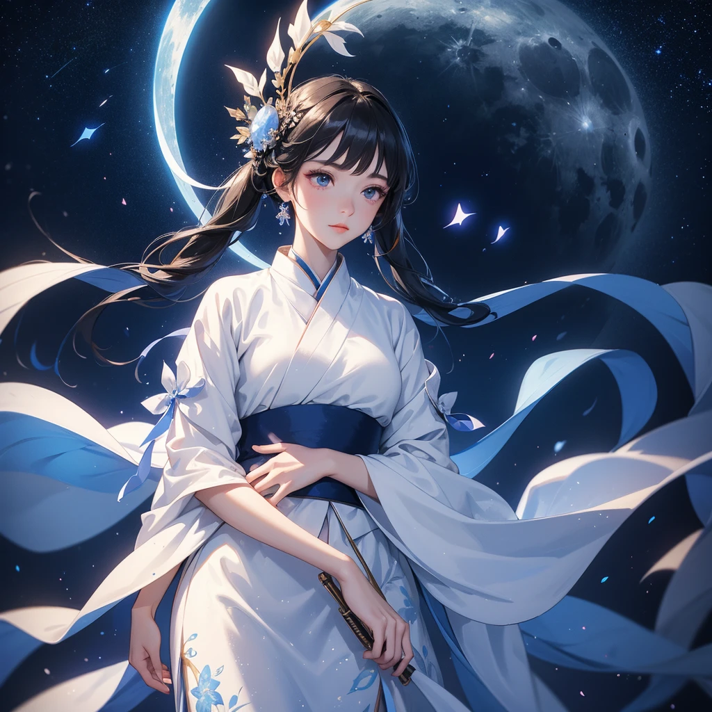 A beautiful female in white hanfu dress , Standing in the middle of dark night, with moonlight and millions of stars, twinkling everywhere, with blue light, close up.
