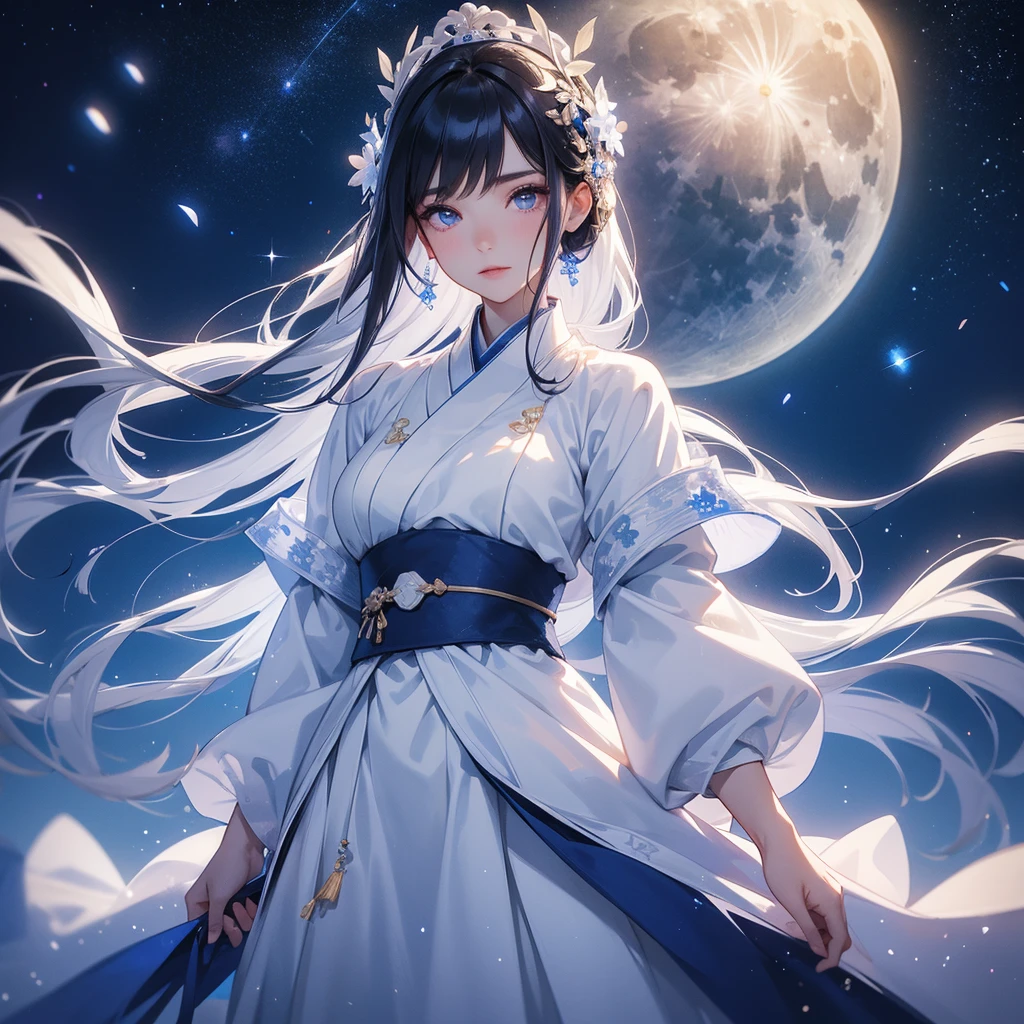 A beautiful female in white hanfu dress , Standing in the middle of dark night, with moonlight and millions of stars, twinkling everywhere, with blue light, close up.