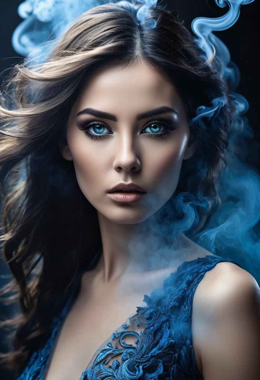 A majestic work of art, a woman, intricately detailed, with an intense, piercing gaze emanating from her singular, striking eye, set against a backdrop of ethereal, swirling blue smoke that appears to shift and undulate as if alive, illuminated by a cinematic lighting scheme that casts dramatic, high-contrast shadows and highlights, evoking a sense of mystery and the otherworldly, with each element expertly rendered in exquisite, high-definition detail, exuding a sense of artistic mastery and visual sophistication.