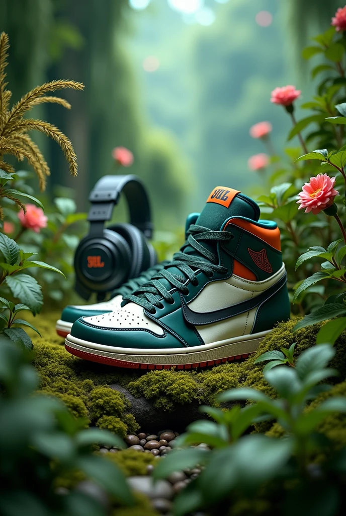 A nike air jordan sneaker and a JBL headphones on the side with Green Plants and Flowers grabbing you in the middle of an Enchanted Forest, with a streetwear-style background, ultra detailed, realistic, --AR 4:5 --V 6.1