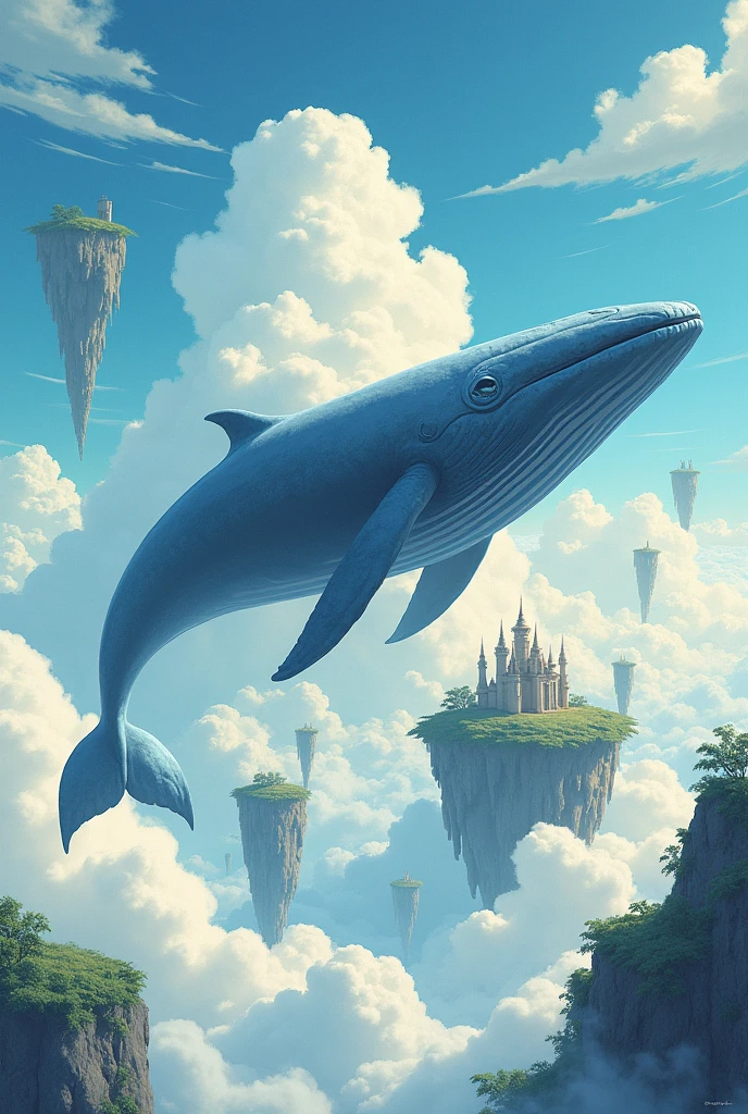 create a drawing, in A4 paper size, of a fantastic world, with a whale in the sky full of clouds with floating islands