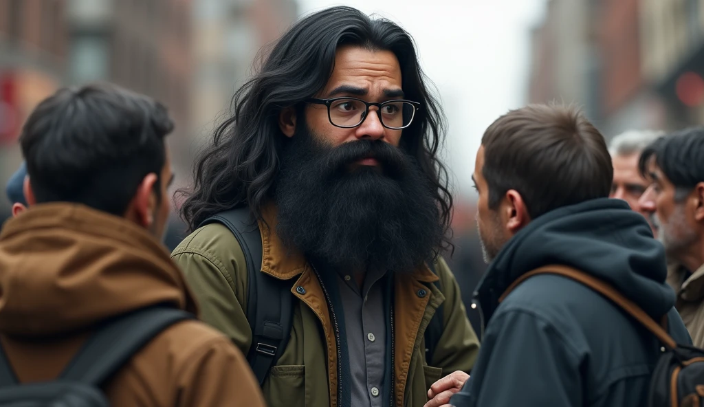 a young teacher who wears glasses with long black hair and a very large black beard. with homeless people