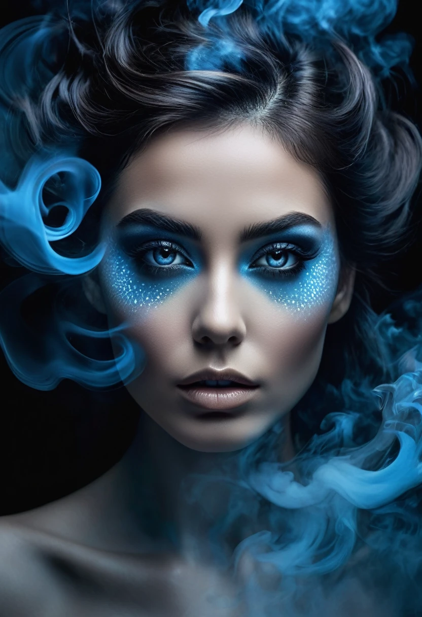 A majestic work of art, a woman, intricately detailed, with an intense, piercing gaze emanating from her singular, striking eye, set against a backdrop of ethereal, swirling blue smoke that appears to shift and undulate as if alive, illuminated by a cinematic lighting scheme that casts dramatic, high-contrast shadows and highlights, evoking a sense of mystery and the otherworldly, with each element expertly rendered in exquisite, high-definition detail, exuding a sense of artistic mastery and visual sophistication.