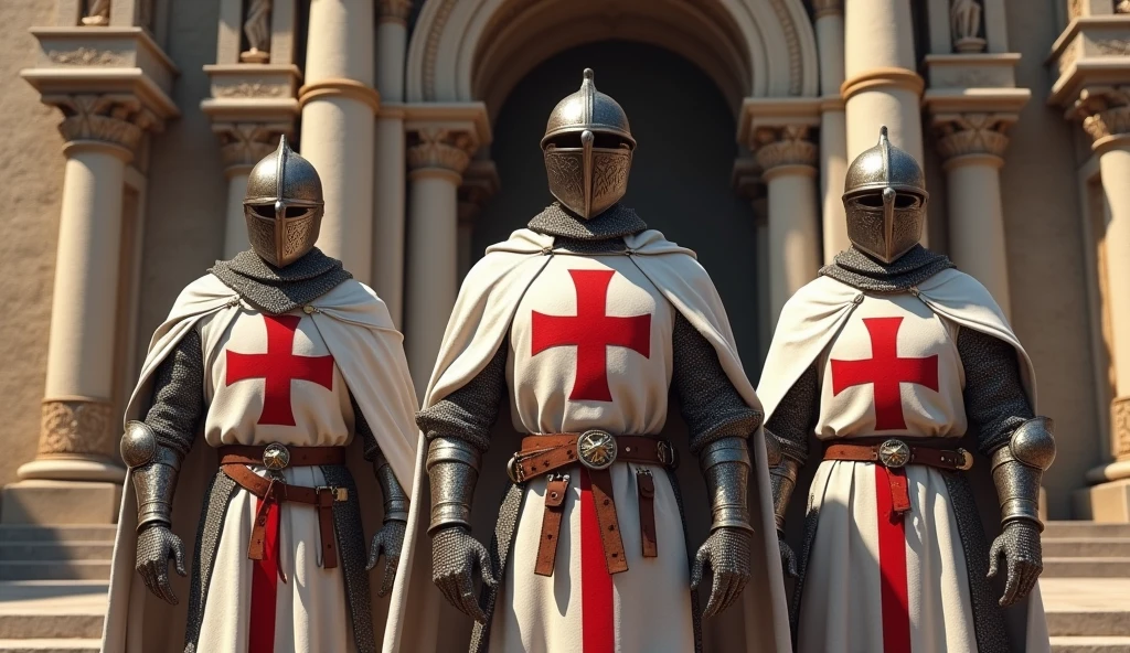 3 Knights Templar in front of a religious temple