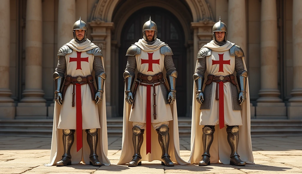 3 Knights Templar in front of a religious temple