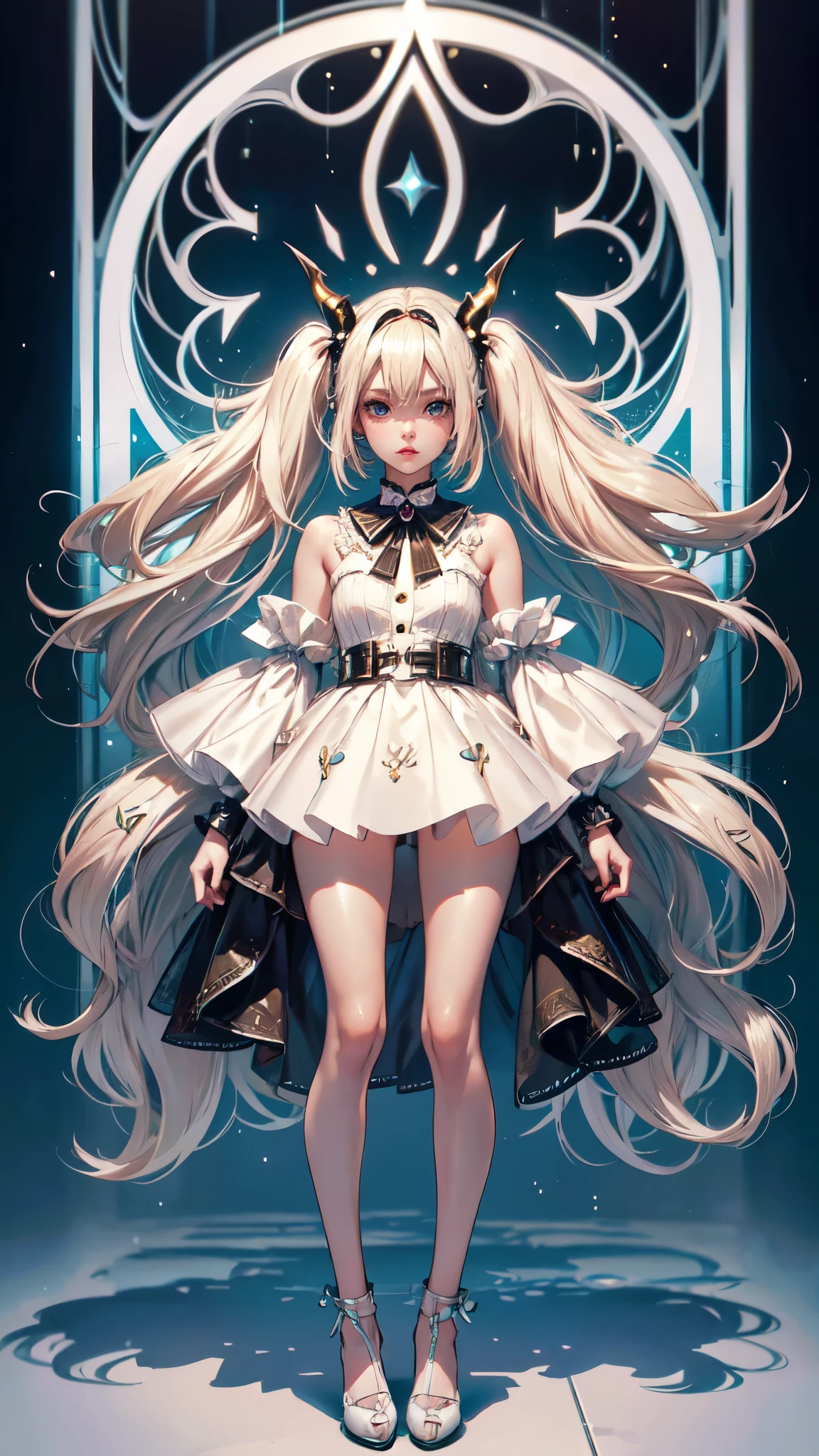 1 girl, adult woman, Alone, g0ld3mb, air, (platinum blonde hair) hair, hime cut, (kawaii hair clips:1.2) high quality, Best Quality, high resolution, High detail, (airen aura magic), hair uplifted, horns., wet hair,full body,detailed face, detailed hands, full body, long legs