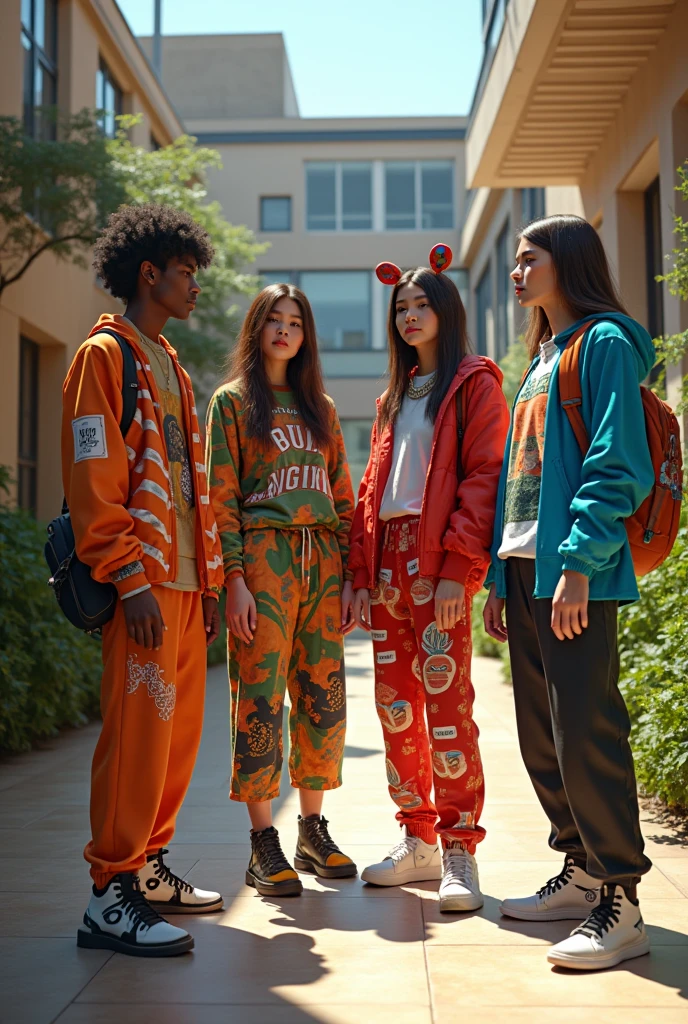 Young people 18 to 2, light skin urban clothes with crazy designs Sitting in the courtyard of the music school straight hair 