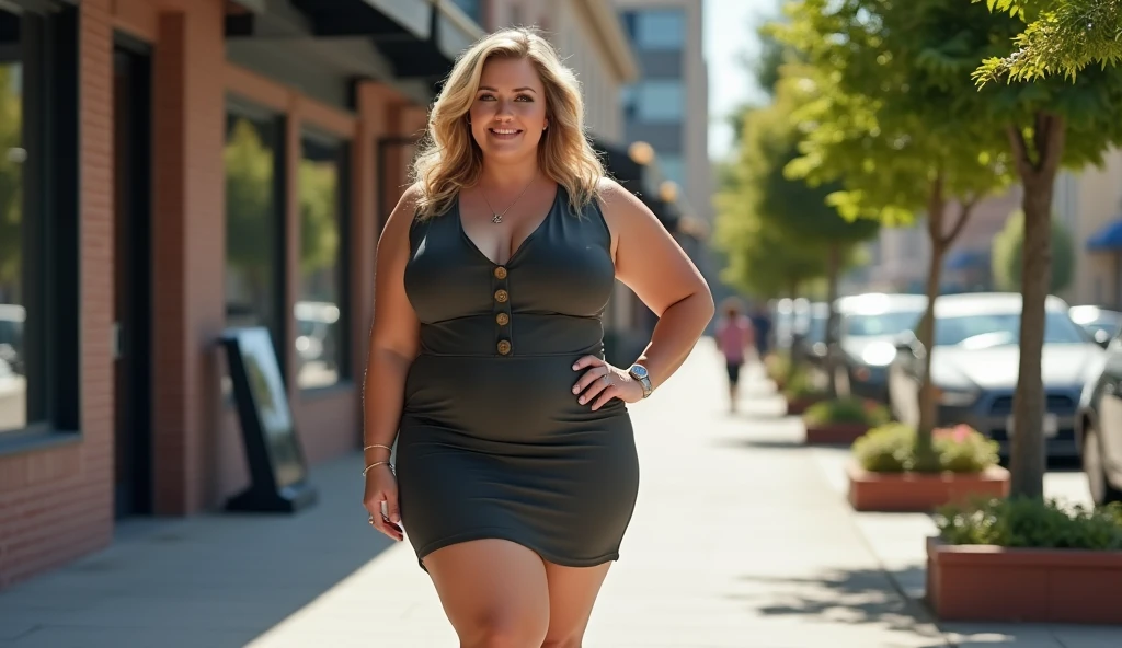 there is a woman in a dress standing on the sidewalk, plus size woman, 60 year old woman, mature woman, seductive plus size model, curvy model, fit Derriere, curvy accentuated booty, curvy figure, beautiful curvy female, pose for photo, curvy hourglass figure, curvy, voluptuous figure, short tight dress, no belly, worked abdomen, sensual natural woman, slightly sexual neckline, voluptuous hips like Jennifer Lopes, beautiful curves, large behind. very short dress