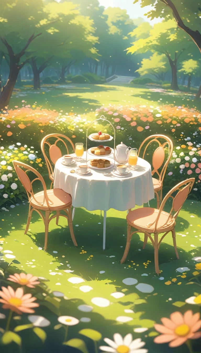 landscape Afternoon Tea, Flower garden Cozy,Orange Pink ,There are no human characters,No people