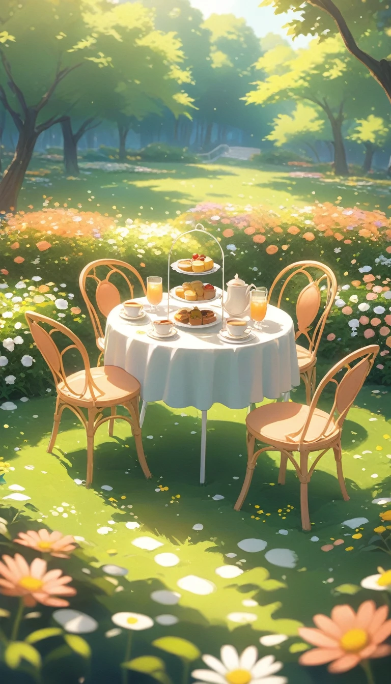 landscape Afternoon Tea, Flower garden Cozy,Orange Pink ,There are no human characters,No people