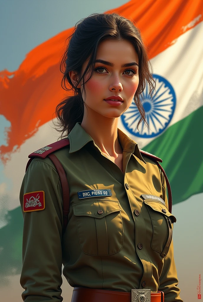  beautiful Indian army girl with Indian flag 
