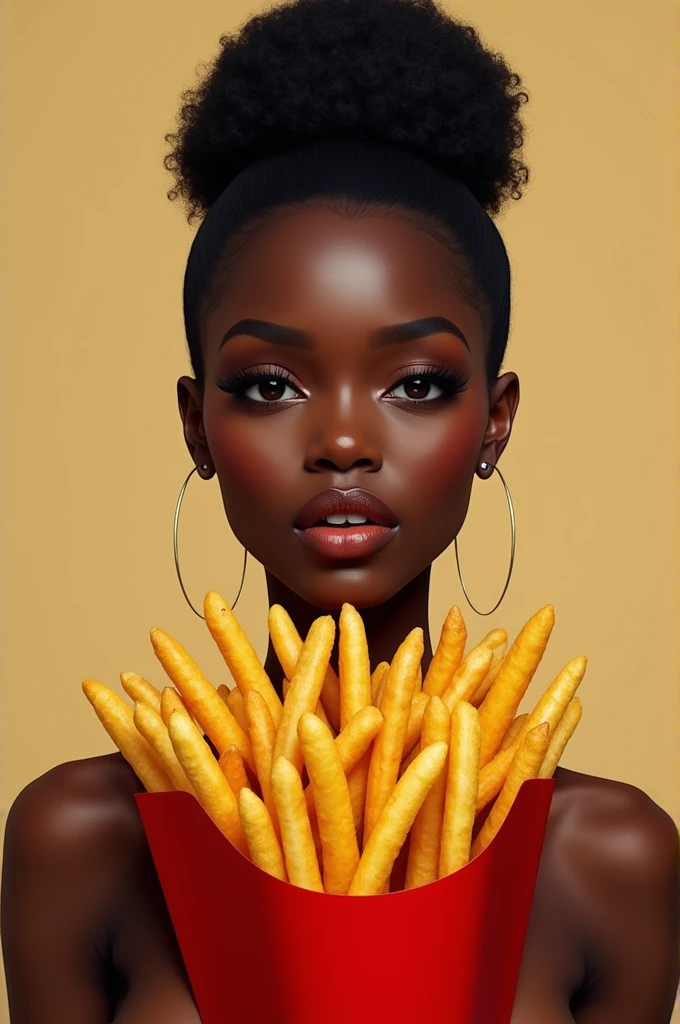 A black woman holding a bouquet of French fries