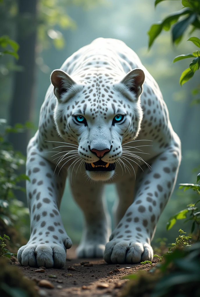 White leopard with blue eye 
 Attacking position 