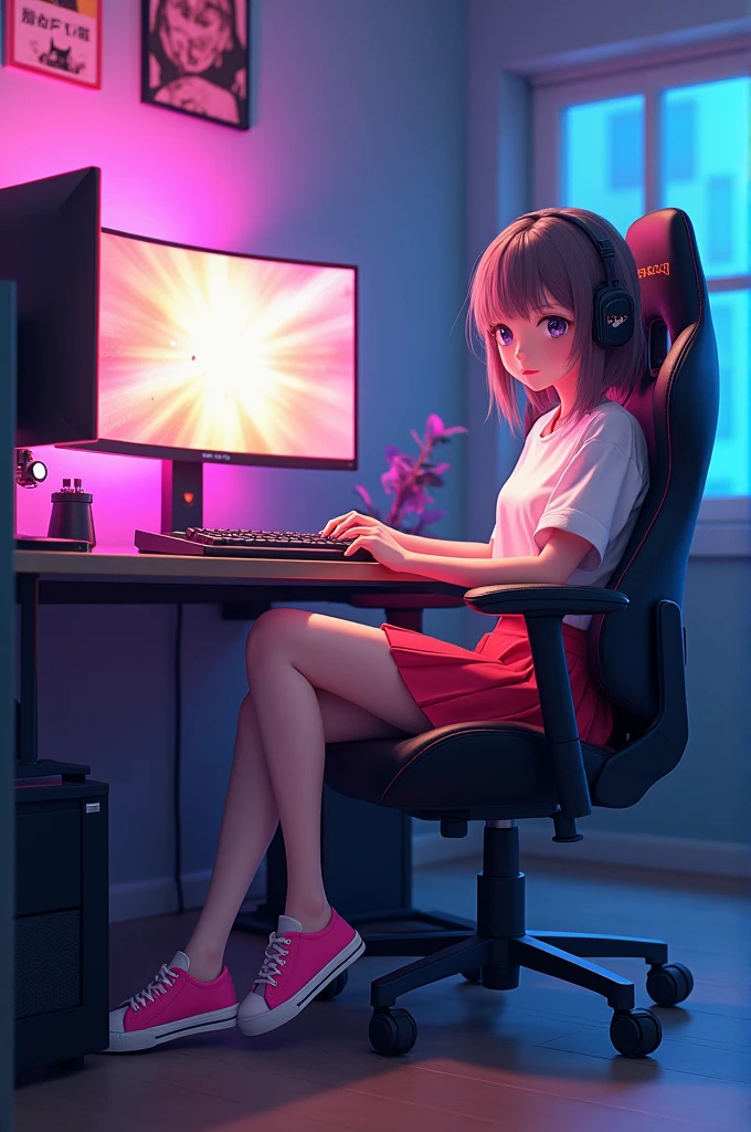Gaming anime realistic girl wearing weat shirt and skirt with lagging and pink shoes sitting on gaming chair in gaming studio a big gaming monitor on front of her chair and led lights and written name of aneeqa