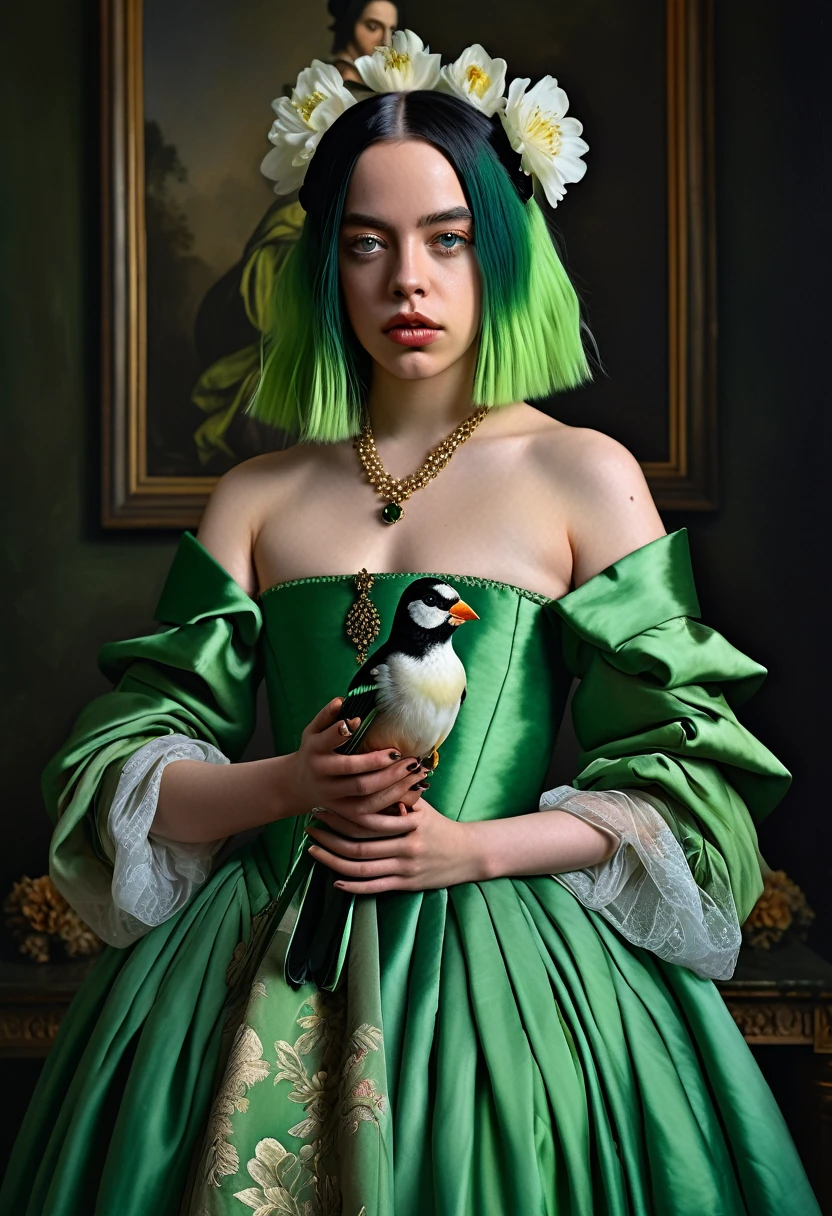Billie Eilish painted in an elegant Renaissance gown. She has her signature green and black hair styled elegantly and is posing with a mysterious expression. She holds a small bird in one hand and a flower in the other. The background of the painting contains dark hues in a classical oil portraiture style of Renaissance art, cinematic lighting, hyper-realistic, elegance and grandeur typical for historical portraits