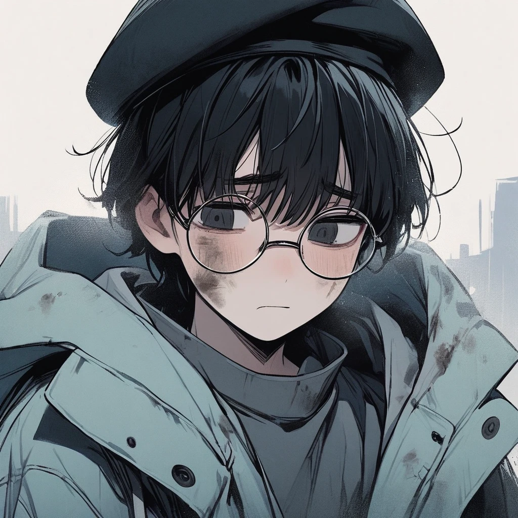 Young man, black hair, pastel colors, face close up, poor, beret, round glasses, simple, black eyes, orphan, dirty, oversized jacket, cold, sad, grey clothes, miserable, boy, lonely, black eyes, black hair, strong jawline, squared chin, sharp nose, strong neck, cute