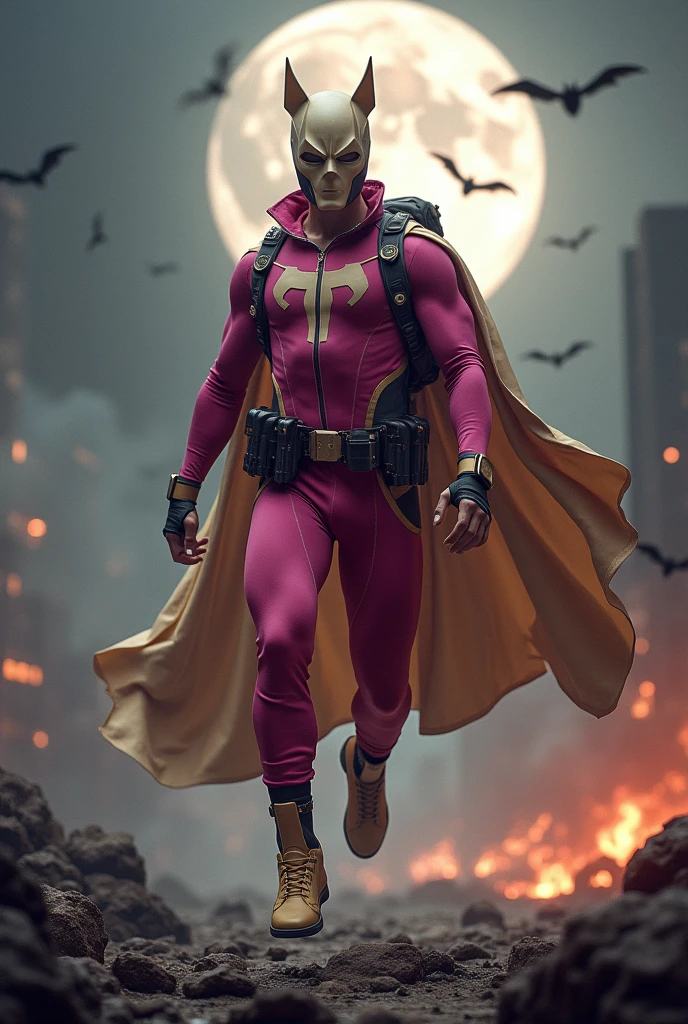 Malaysia man in high-tech suit, vivid effects, malaysian superhero(( (KELUANG MAN)) in a striking pink and brown beige costume cyberpunk design((, mask small mini bat ear beige,))(( beige bat mask domino beige cover head helmet))jumpsuit dark pink stands confidently in a dramatic.jumping from high place.hero costume.one hand rise up. (Small punisher in triangle shape on chest.). jumping from hight place. Fighting pose , stormy landscape. ((Head covered node guard like batman.)) Running pose , athletic body type, small mini ear bat mask))The character wears domino mask a helmet with pointed mini torn ears and a flowing cape biege, open nose and mouth. Equipped with visible futuristic weapons on a belt,bullet proof jacket pink dark day.show fingers pose, dark night, big supermoon effect . Small logo on chest triangle shape small ((mitch gerads punisher ) )). rocky. Building top.smoke ground , bomb effect background((, losse pants, losses costume.))adding to --ar 3:4 --style raw --stylize 500 --v 6.1. chaos. Lot of small flying bat.two Hand ride up , open legs up one leg down in standby for jumping in high place. One leg on the high stone. Man. Backpack . Real man age 40 year old. One hand holding belt. Jump from high place. Open cape.two hand holding pistol