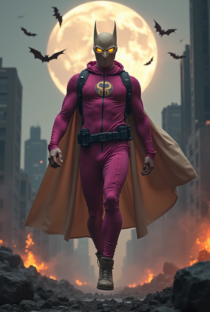 Malaysia man in high-tech suit, vivid effects, malaysian superhero(( (KELUANG MAN)) in a striking pink and brown beige costume cyberpunk design((, mask small mini bat ear beige,))(( beige bat mask domino beige cover head helmet))jumpsuit dark pink stands confidently in a dramatic.jumping from high place.hero costume.one hand rise up. (Small punisher in triangle shape on chest.). jumping from hight place. Fighting pose , stormy landscape. ((Head covered node guard like batman.)) Running pose , athletic body type, small mini ear bat mask))The character wears domino mask a helmet with pointed mini torn ears and a flowing cape biege, open nose and mouth. Equipped with visible futuristic weapons on a belt,bullet proof jacket pink dark day.show fingers pose, dark night, big supermoon effect . Small logo on chest triangle shape small ((mitch gerads punisher ) )). rocky. Building top.smoke ground , bomb effect background((, losse pants, losses costume.))adding to --ar 3:4 --style raw --stylize 500 --v 6.1. chaos. Lot of small flying bat.two Hand ride up , open legs up one leg down in standby for jumping in high place. One leg on the high stone. Man. Backpack . Real man age 40 year old. One hand holding belt. Jump from high place. Open cape.two hand holding pistol