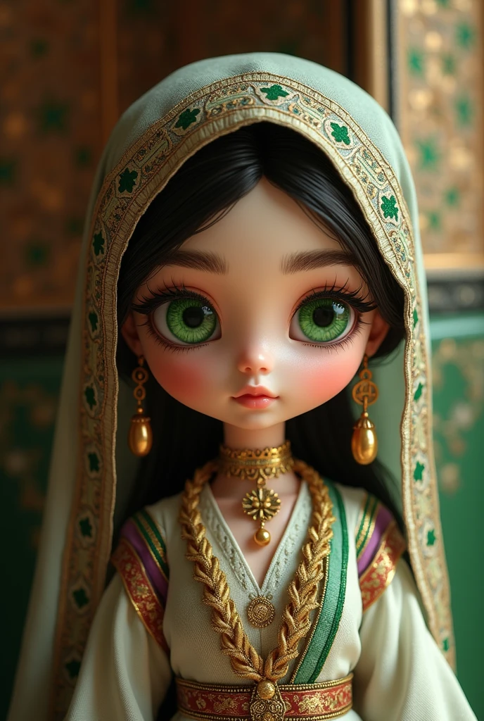 Green eyed doll with light skin in an Arab costume and thick eyebrows