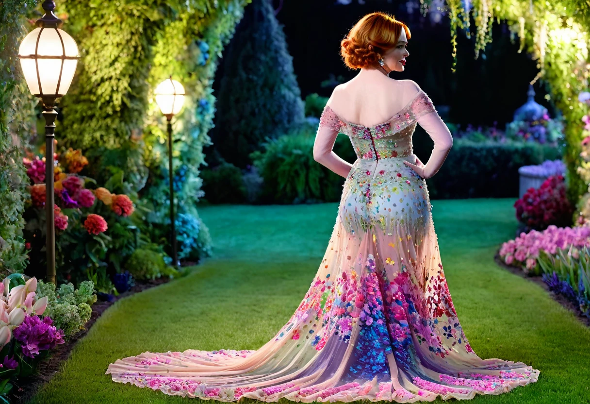 a detailed photo of Christina Rene Hendricks in a sheer colorful gown without underwear, strolling through a candy land garden in full bloom on a moonlit night, sultry poses, mainly viewed from behind, best quality,4k,8k,highres,masterpiece:1.2,ultra-detailed,realistic,photo-realistic:1.37,HDR,UHD,studio lighting,ultra-fine painting,sharp focus,physically-based rendering,extreme detail description,professional,vivid colors,bokeh,portrait
