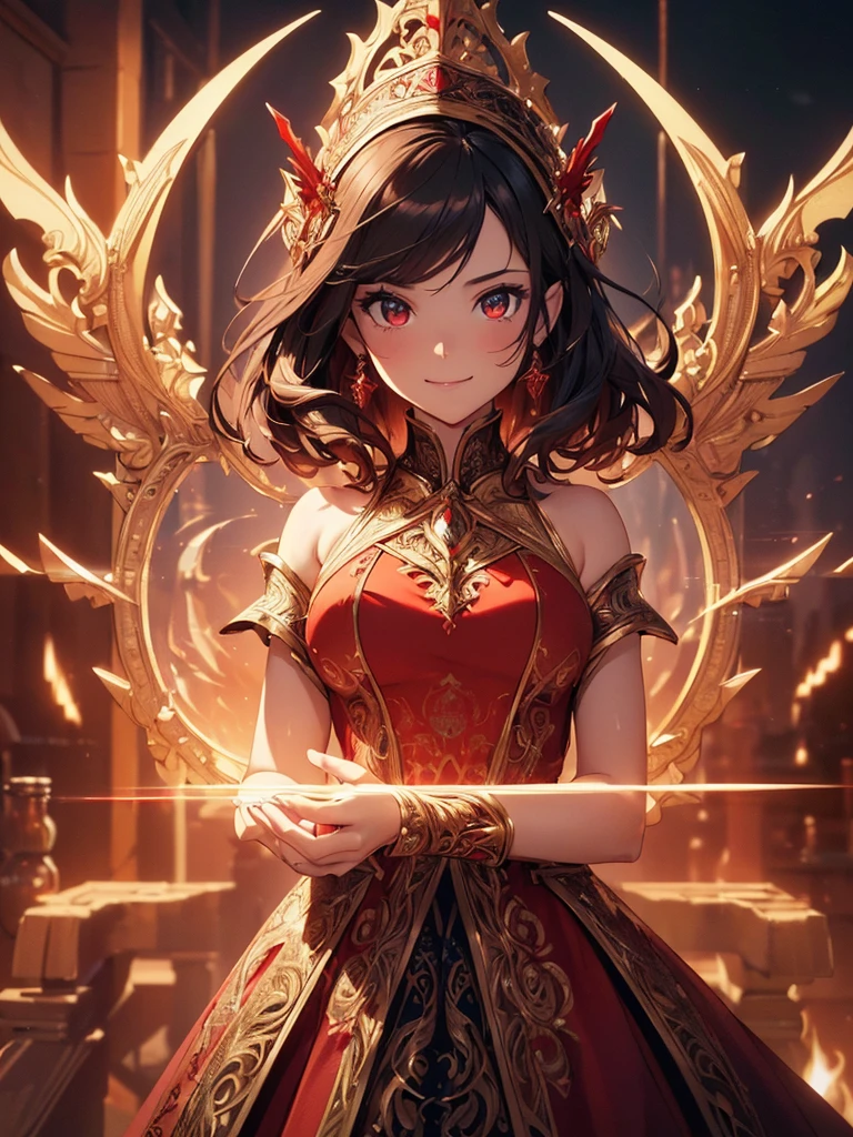 (((best quality, sharp image, clear image, cinematic lighting, 8k resolution, masterpiece, ultra detailed, intricate))) Girl, sorcerer, cute, intricate dress, smiling, fiery red, ((intricate background)), (rune frame), dimension, sideview