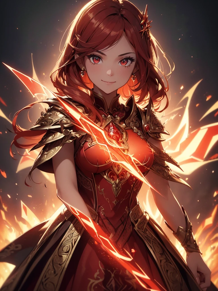 (((best quality, sharp image, clear image, cinematic lighting, 8k resolution, masterpiece, ultra detailed, intricate))) Girl, sorcerer, cute, intricate dress, smiling, fiery red, ((intricate background)), (rune frame), dimension, sideview