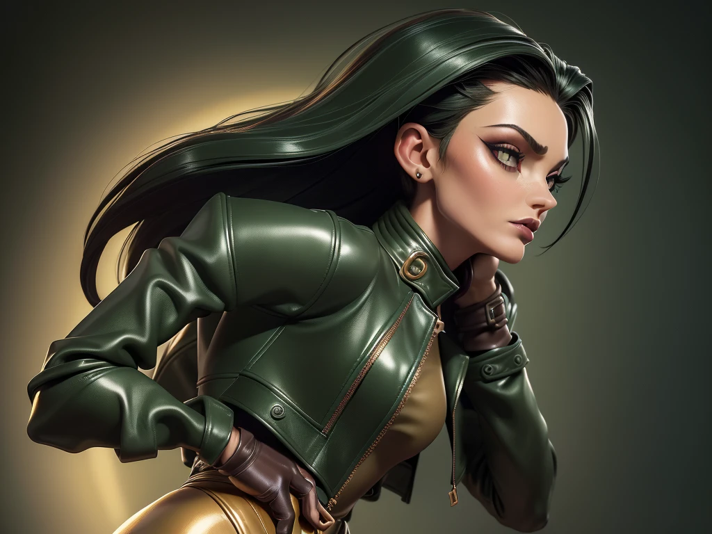 obra prima, melhor qualidade, ((only two women,)) ((carolyn jones as a vamp, dark tan skin, straight black vamp hair, heavy vamp makeup eye shadow,)) (((wearing thigh length forest green metallic leather jacket,))) (((jacket is zipped up, jacket covers waist and ass,))) ((jacket has stiff high collar,)) ((gold pvc gloves,)) body is very skinny, standing up, (((arched back, shoulders leaning way back, hips twisting, head tilted way back, chin up,))) ((camera side view, extreme closeup view of upper body,)) shallow depth of field, highres, HD, 8k, anatomically correct
