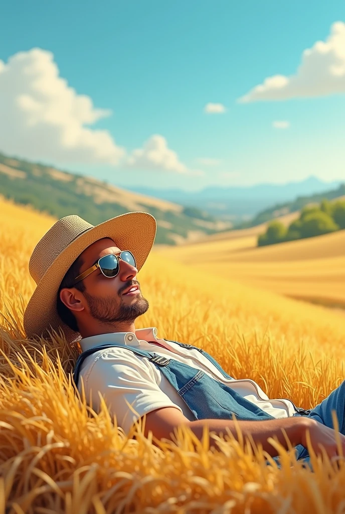 Hay with straw hat with sunglasses 