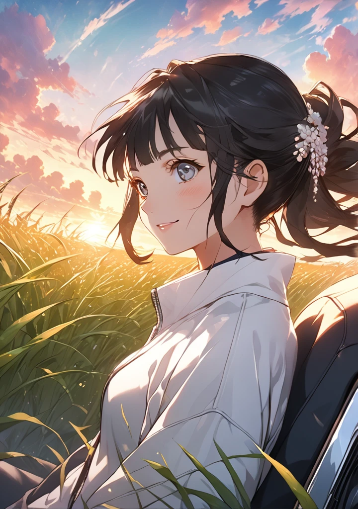 1 girl, Hinata hyuga from Naruto series,(upper body: 1.8) ,attitude smiling, anime landscape of A pearl super sunny red classic 1993 BMW E30 318i sport sits in a field of tall grass with a sunset in the background.character must be sitting on the car, half pants, white sneakers,beautiful anime scene, beautiful anime peace scene, Makoto Shinkai Cyril Rolando, beautiful anime scene, amazing wallpaper, anime art wallpaper 8k, anime background, artistic anime background, anime wallpaper 4k, anime art 4k wallpaper, anime wallpaper art 4k,