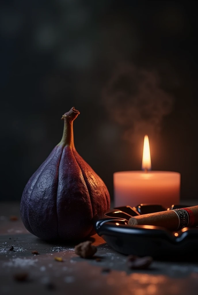Black fig with candle lights on background , smoking Cuban tobbaco on ashtray