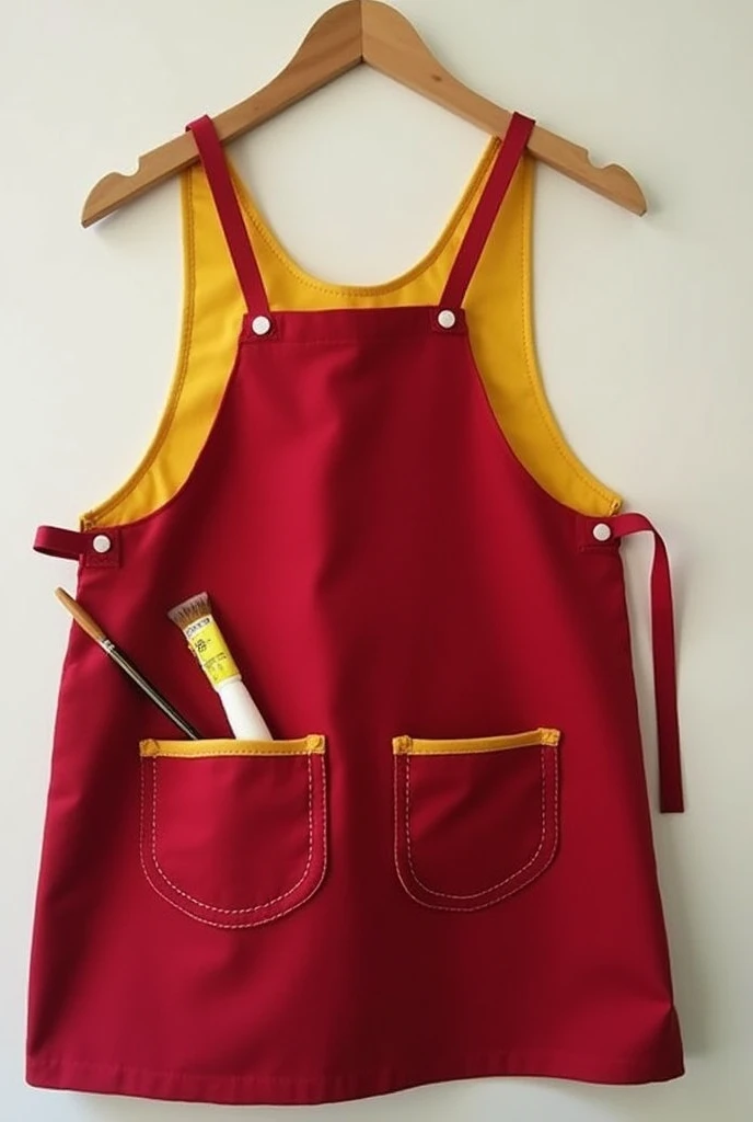 A maroon Sleeveless Apron Small kids art  apron with a golden lining round it and a pocket at lower part with painting brush 
photo. 