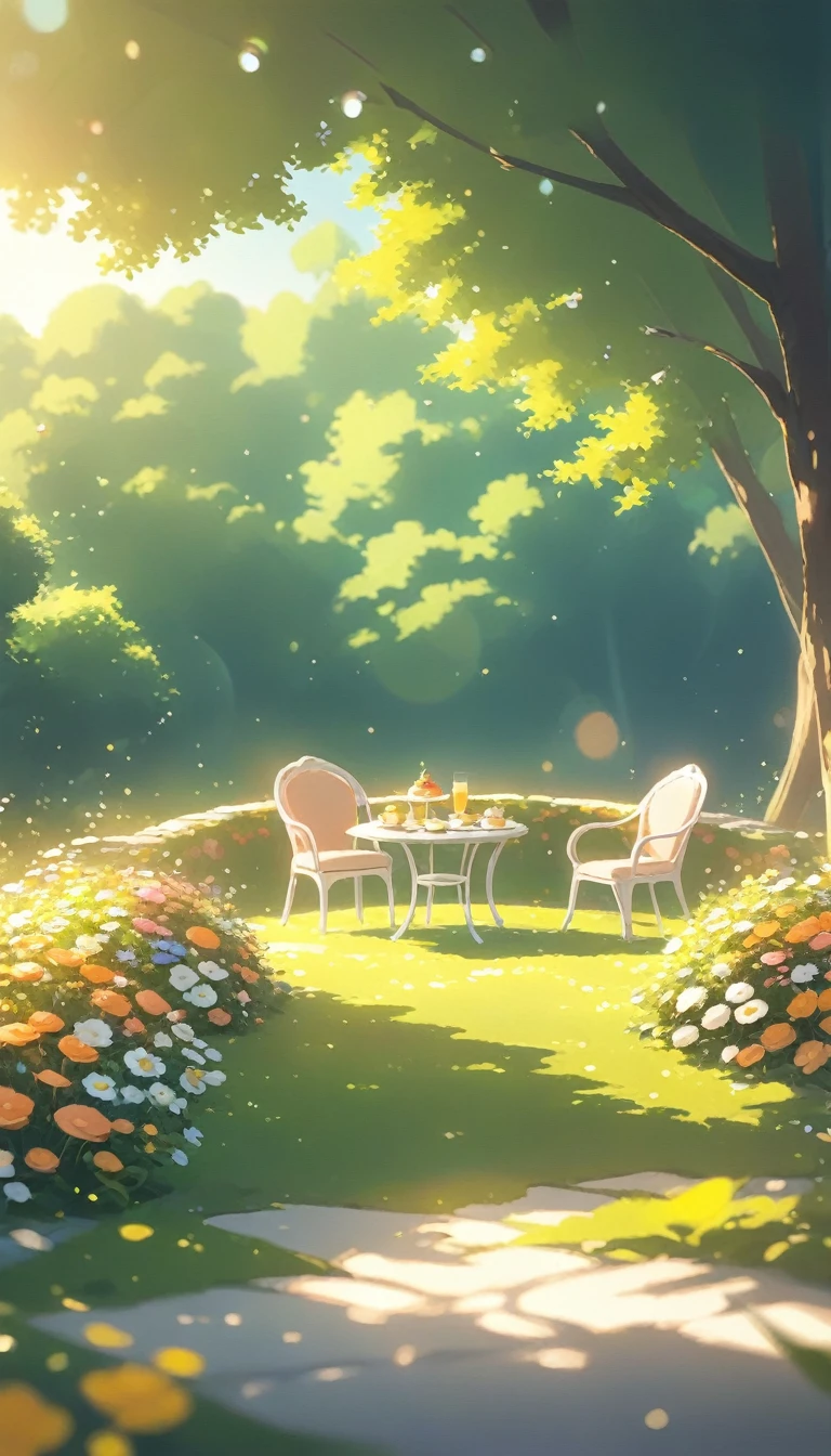 landscape Afternoon Tea, Flower garden Cozy,Orange Pink ,There are no human characters,No people